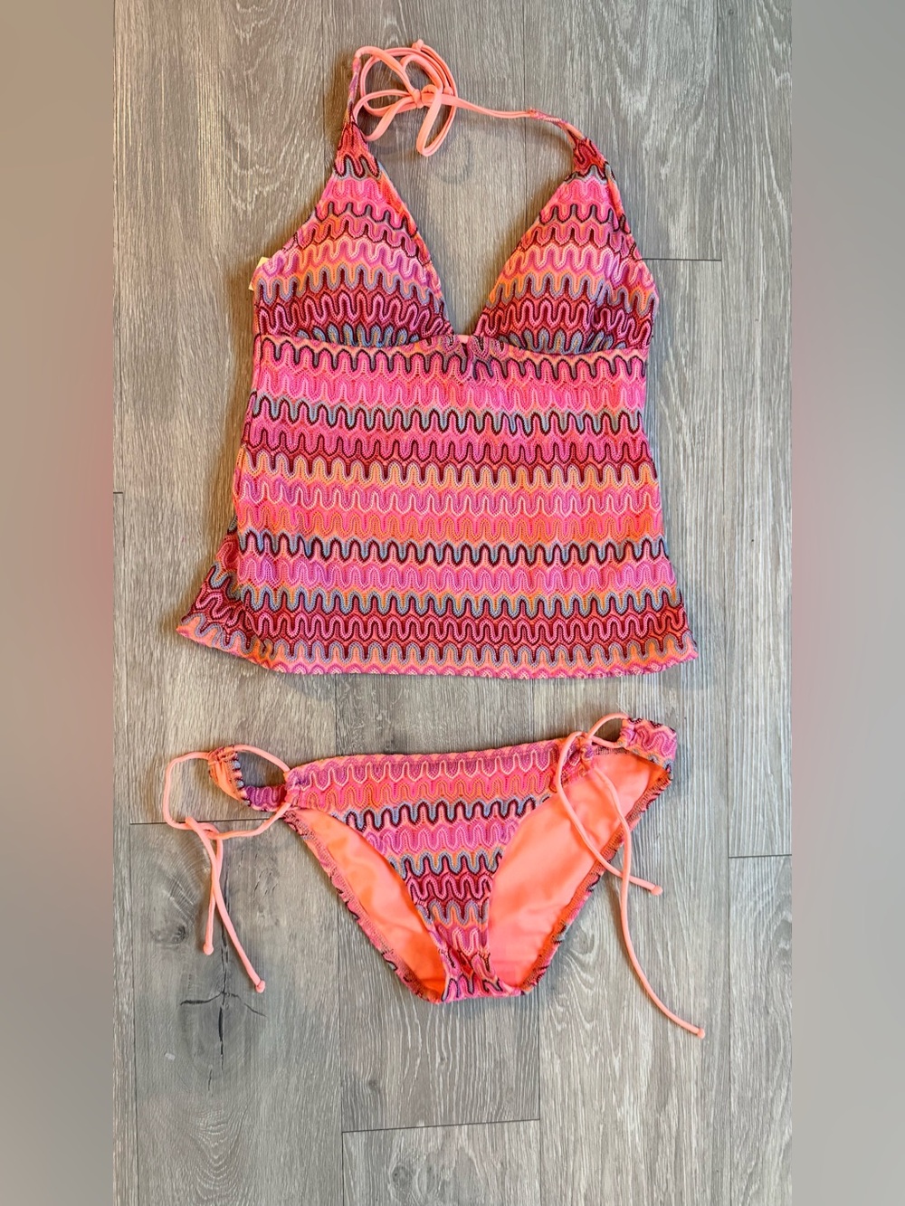 Hobie Pink and Orange Wave Print Tankini Bikini Set